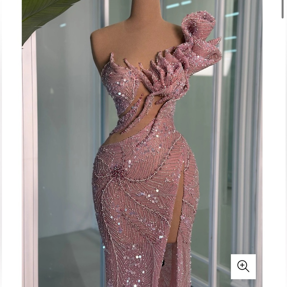 One-Shoulder Pink Sequined Maxi Dress with Ruffle Detail